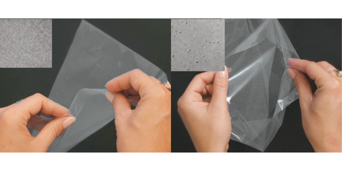 Two images of plastic film packaging. One includes an anti-blocking agent and is opening easily. The other doesn't and is getting stuck together.